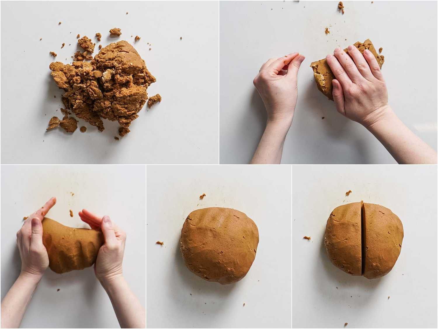 A collage of kneading the dough into a ball and dividing the dough in half. 