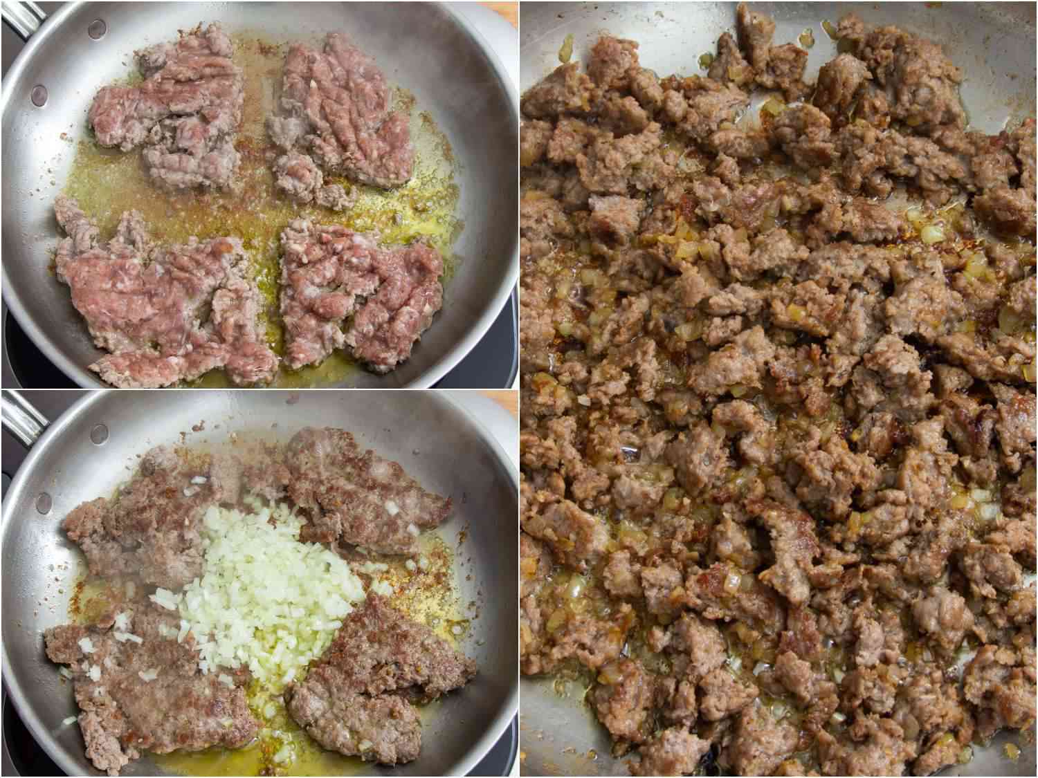 A three image collage. The top left shows four sausage patties cooking in a skillet. The bottom left shows chopped onions being added to the cooked patties. The right image shows cooked and broken up sausage mixture.