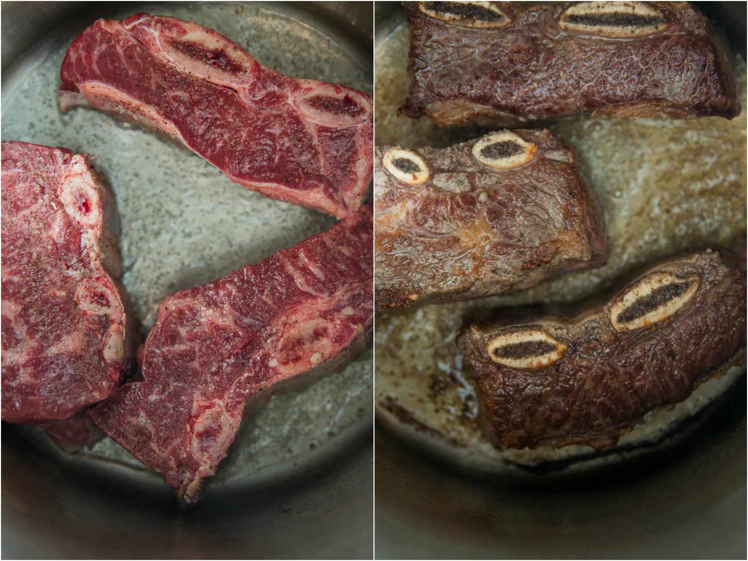 Side by side images of raw bone-in beef short ribs in raw and browned state.