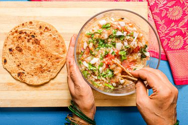 Overhead view of Baighan Chokka being eaten 