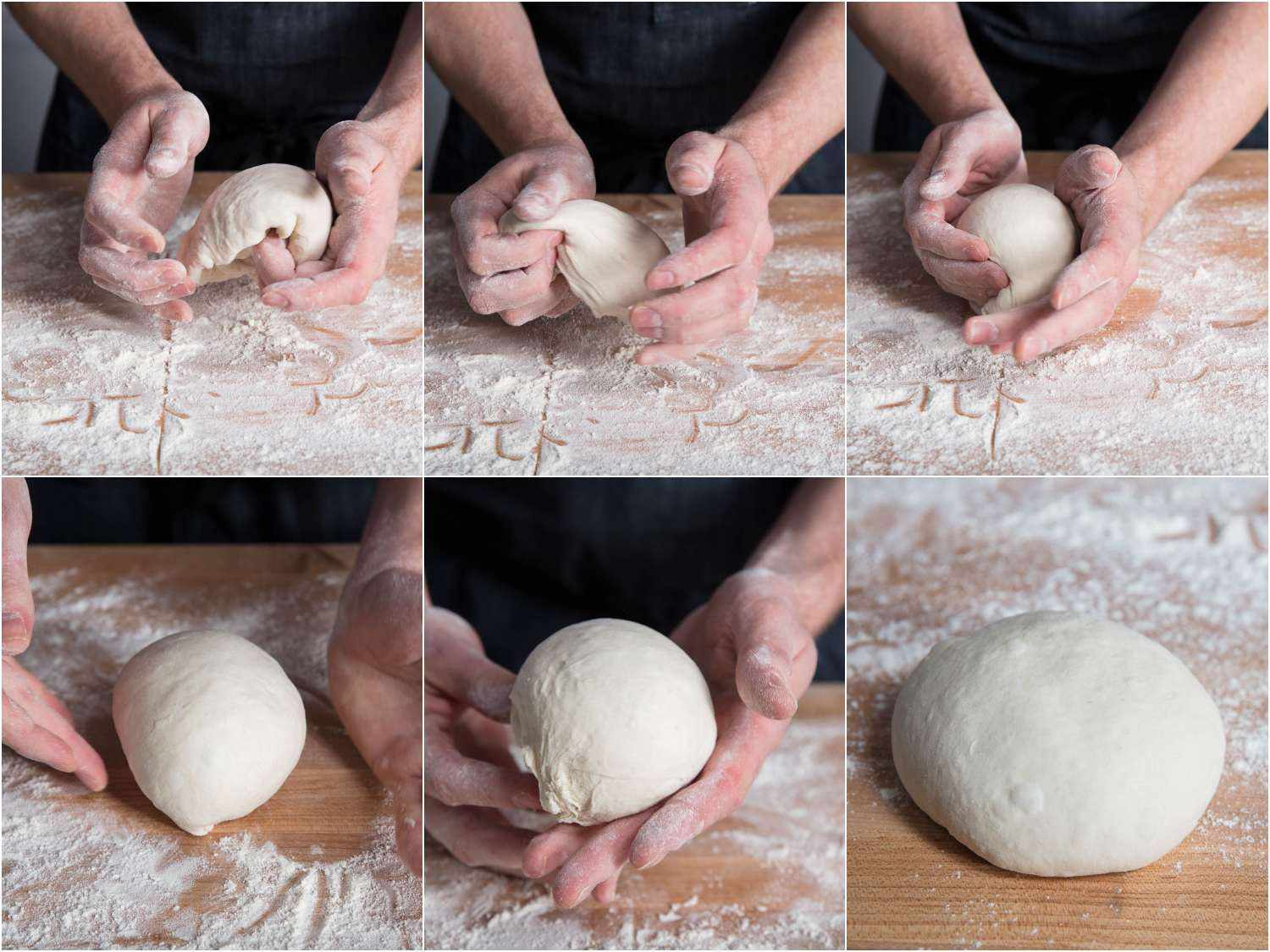 Collage of hands showing how to ball pan pizza dough.