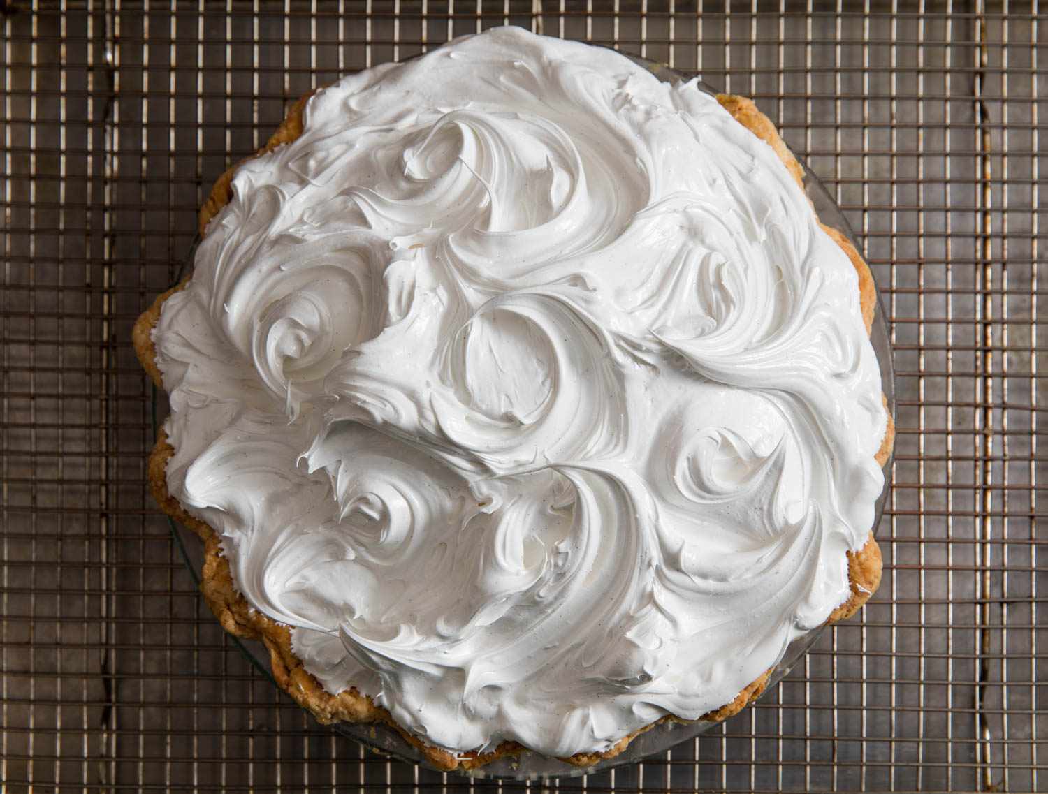 The pie with swirled meringue topping, ready for the oven. 