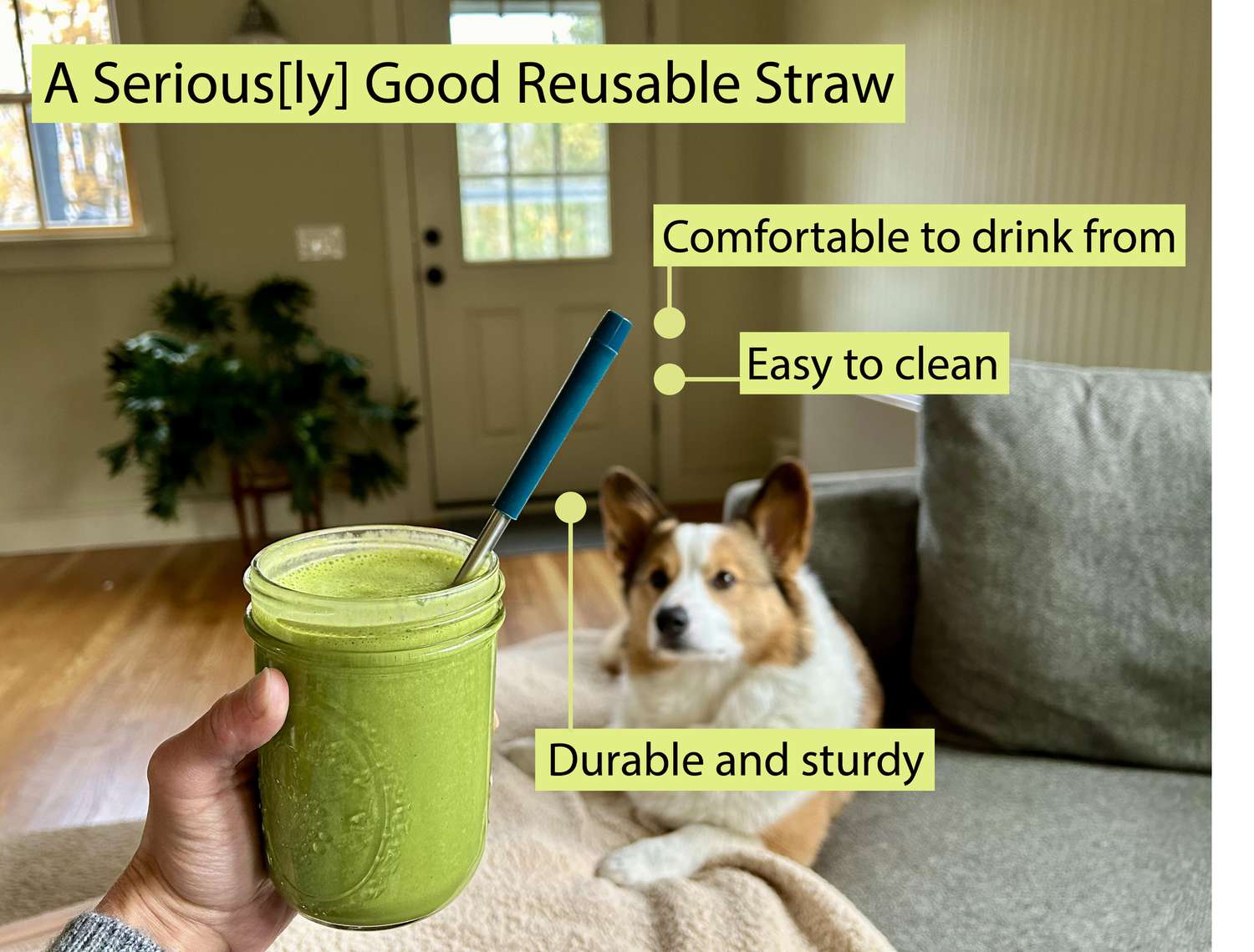A hand holding a smoothie with a reusable straw in it
