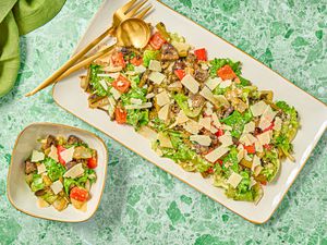 Overhead of sheet pan roasted vegggies caesar salad