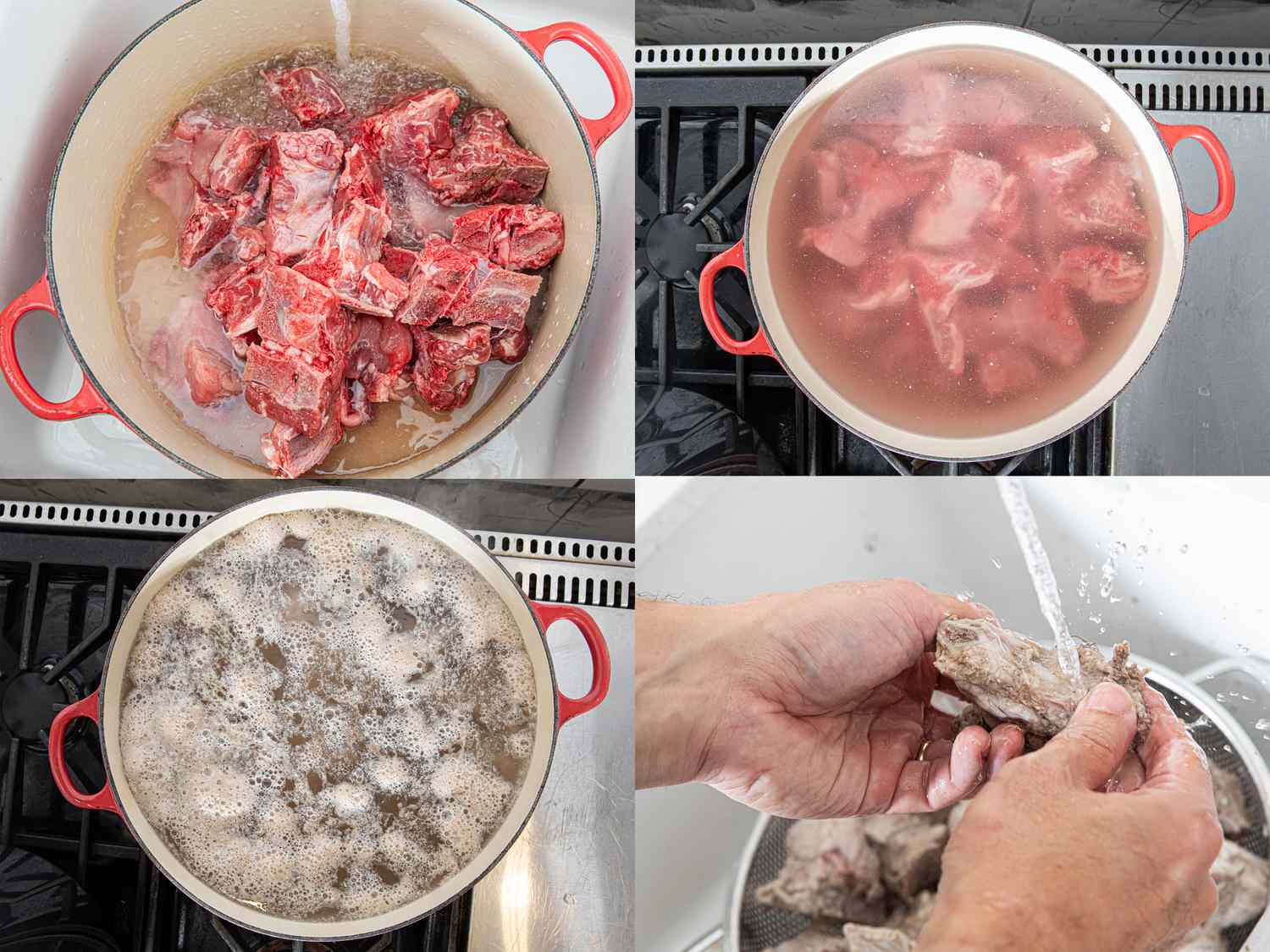 Four image collage of washing pork bones