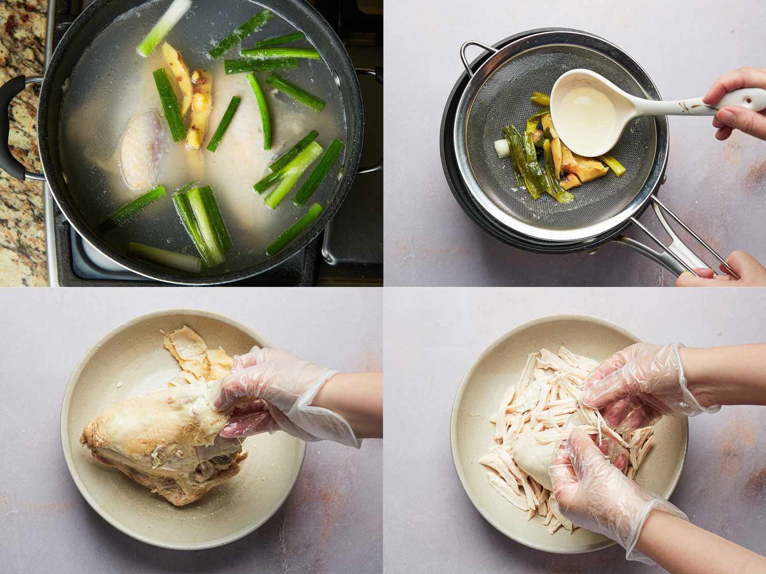 Four image collage of cooking chicken, straining broth, removing skin, and shredding chicken