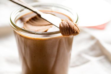 A jar of homemade Biscoff or speculoos cookie butter. 
