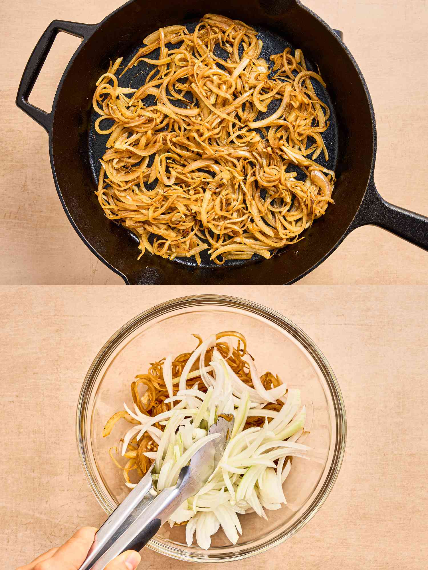 2 image collage. Top: sliced onions thoroughly browned in a skillet. Bottom: Adding raw onions to cooked onions with tongs in a glass bowl