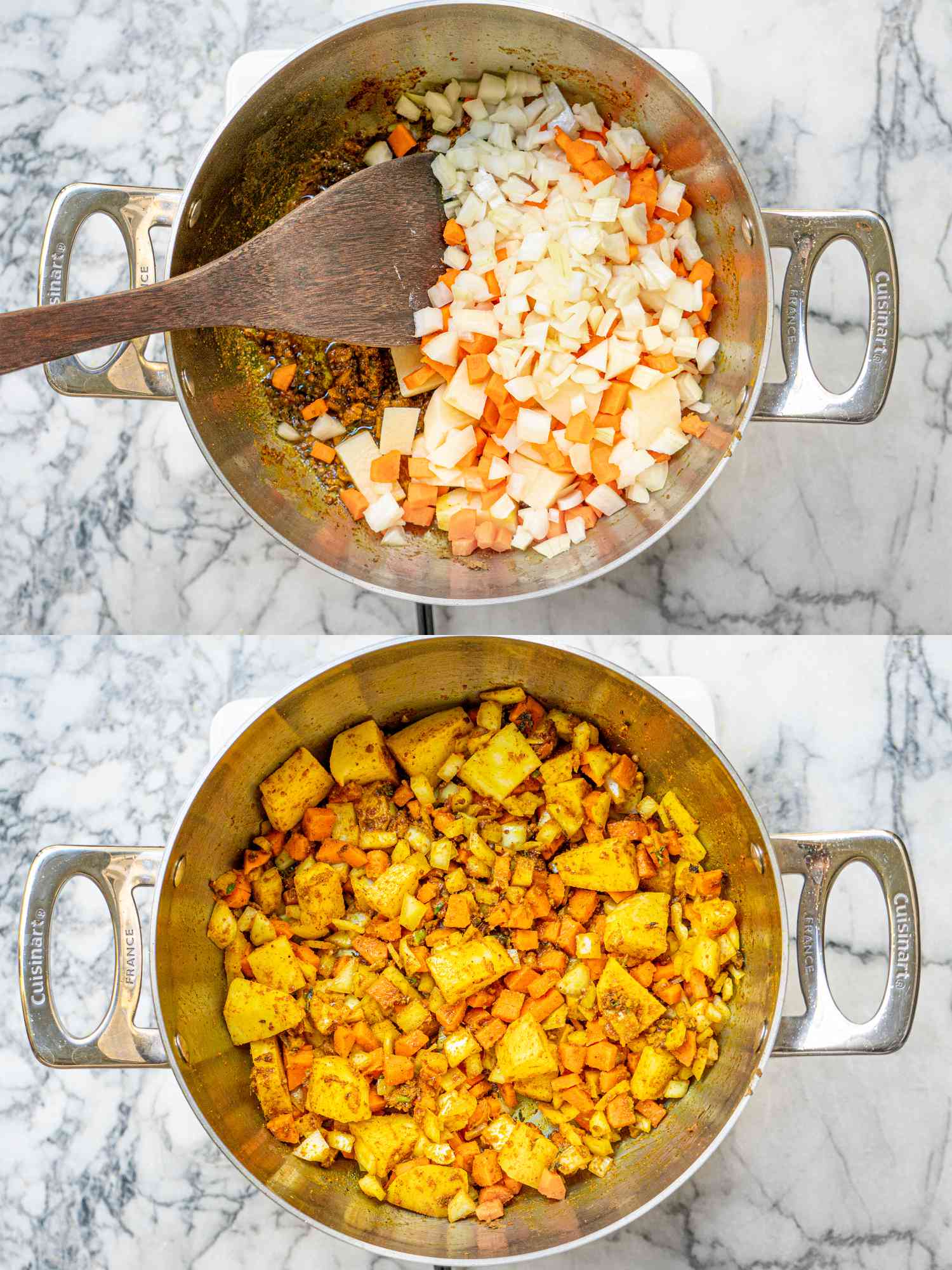 Two image collage of vegetables added to pot and covered in spices
