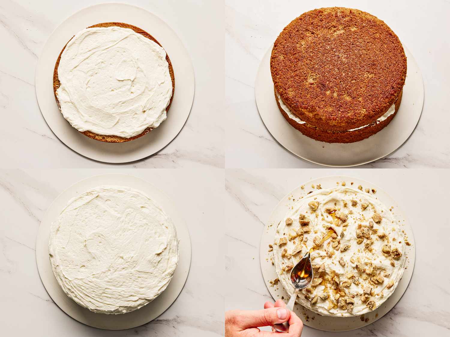 Steps for assembling and decorating a layered cake with icing and toppings