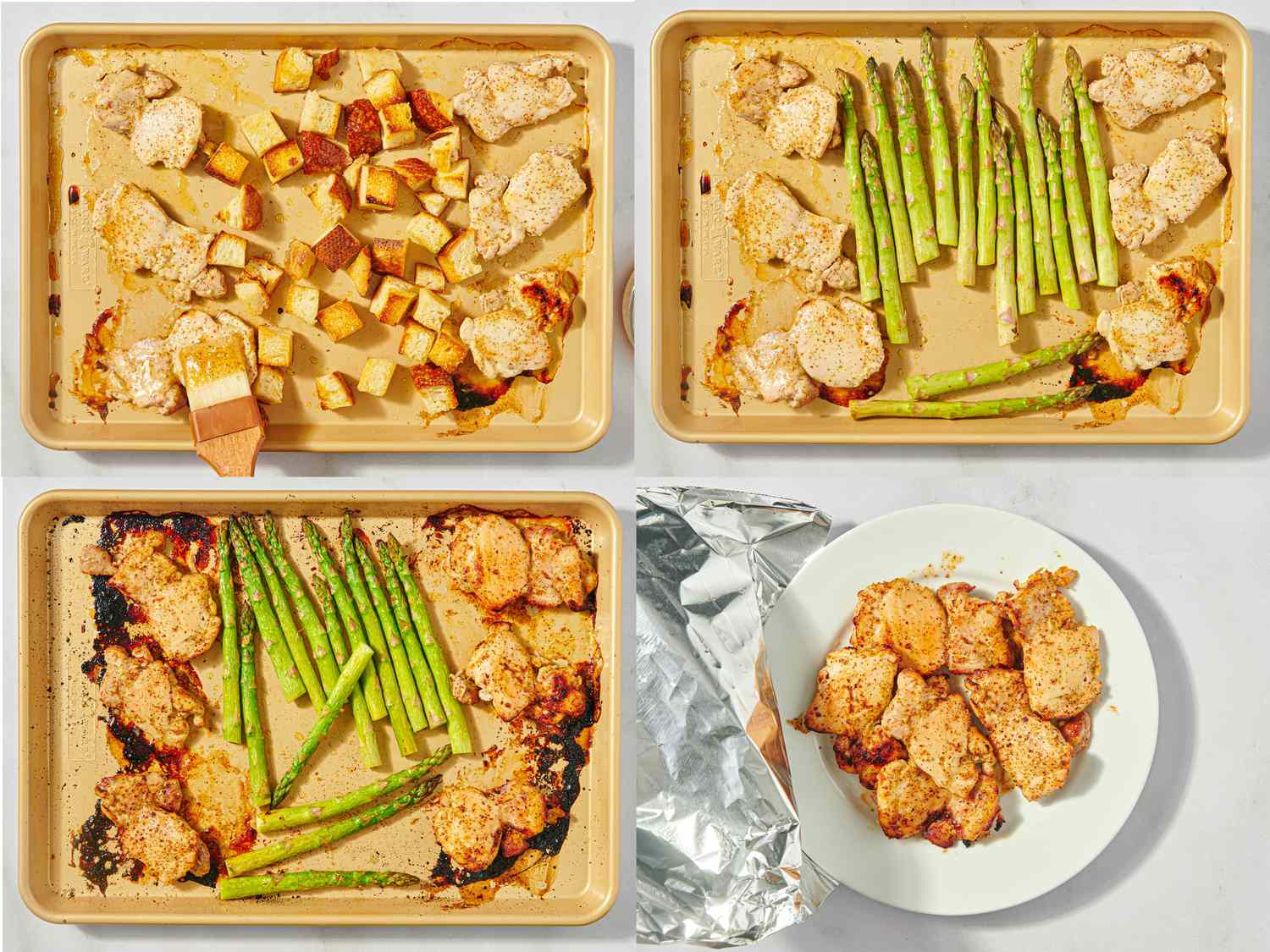 Four stages of cooking honey mustard chicken thighs with asparagus and potatoes ending with serving on a plate