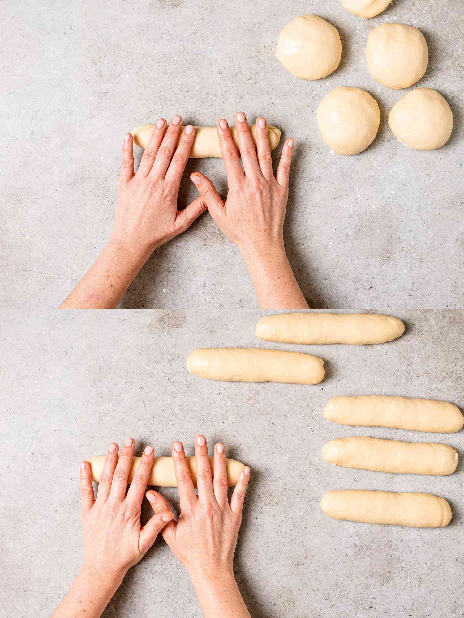 Two image collage of rolling dough out into logs