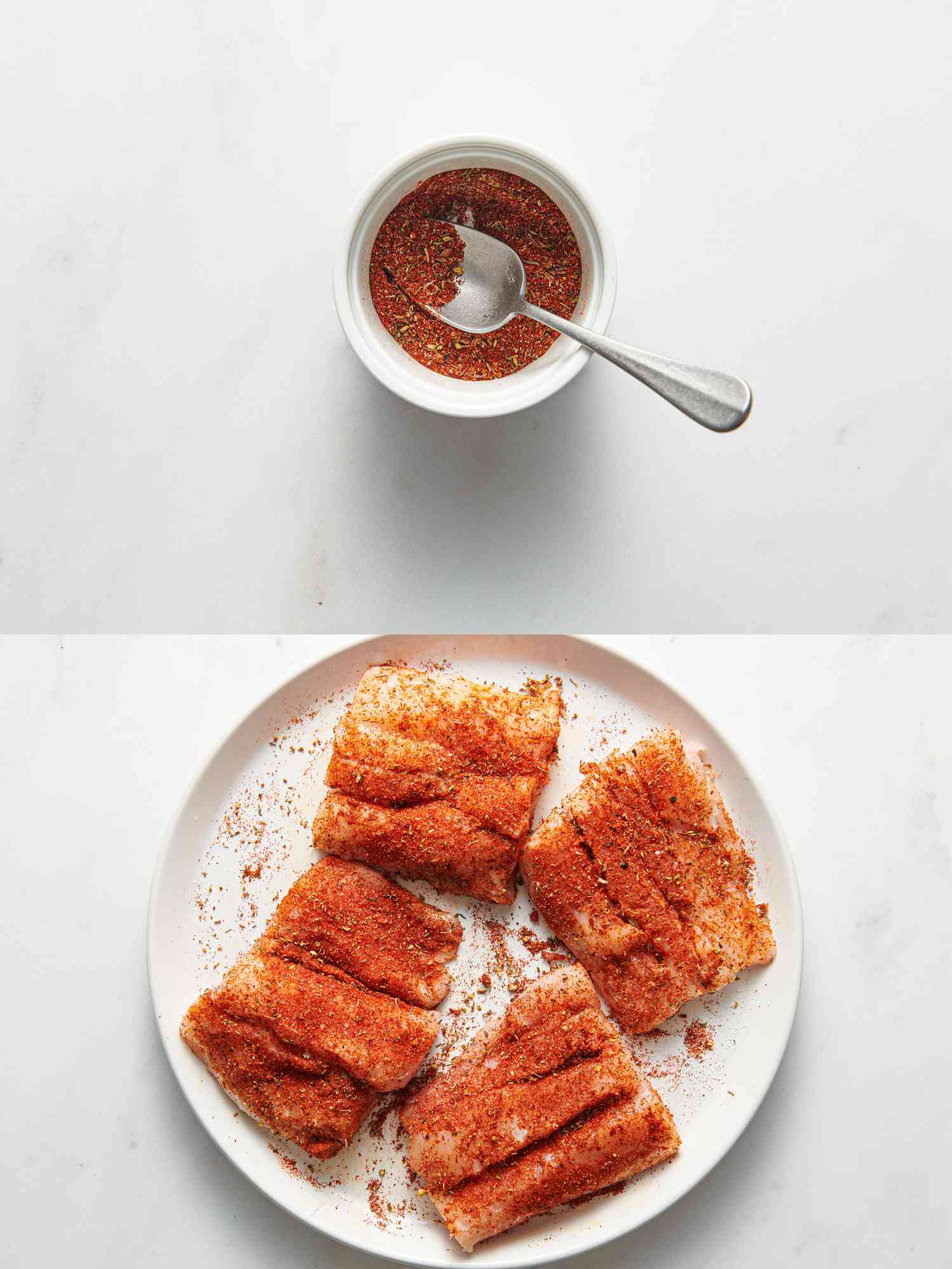 Paprika, oregano, thyme, onion powder, garlic powder, black pepper, and cayenne stirred together inside small bowl, and seasoned fish with spice rub on a plate