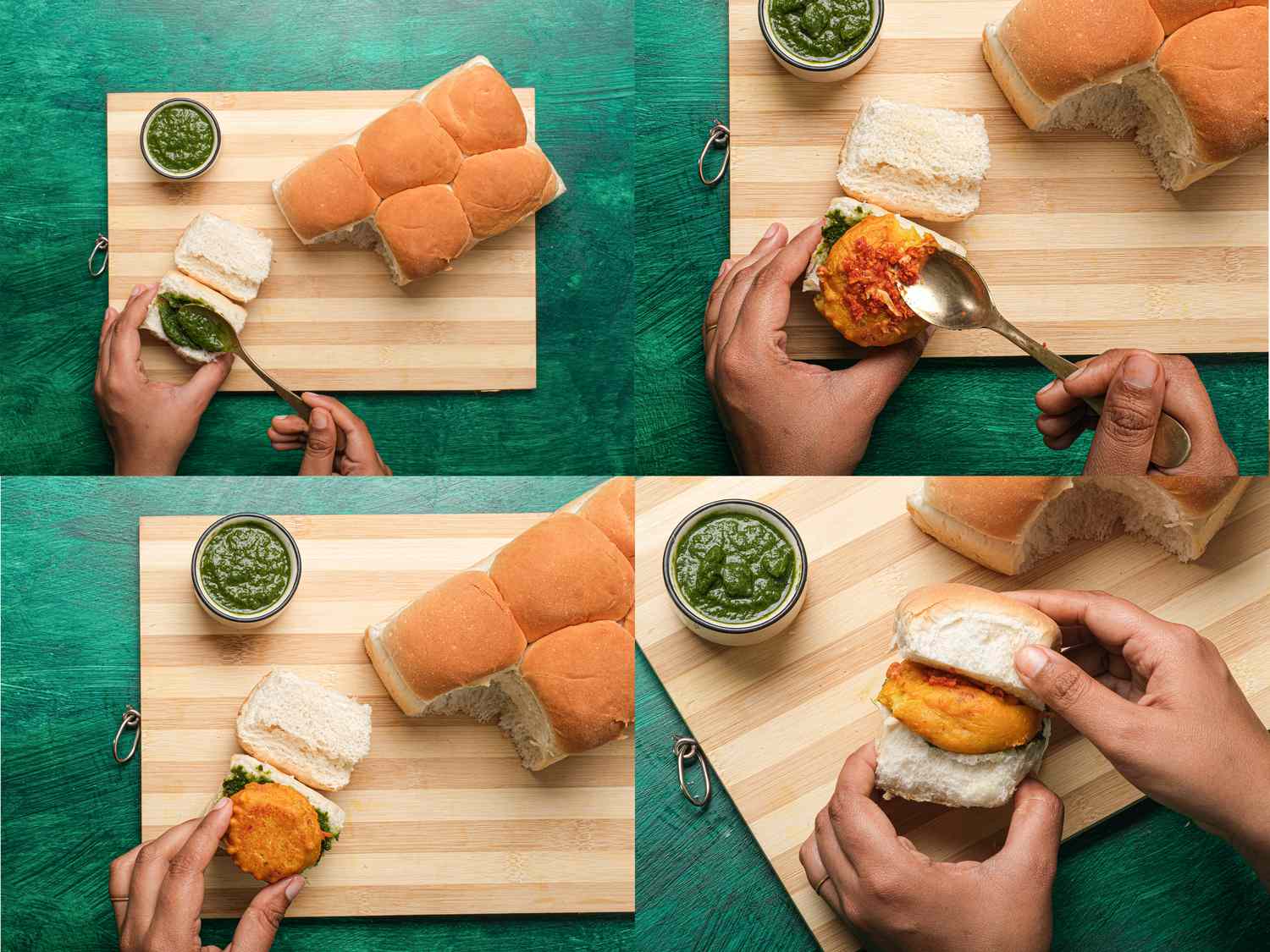 Assembling vada pav on a wooden cutting board.