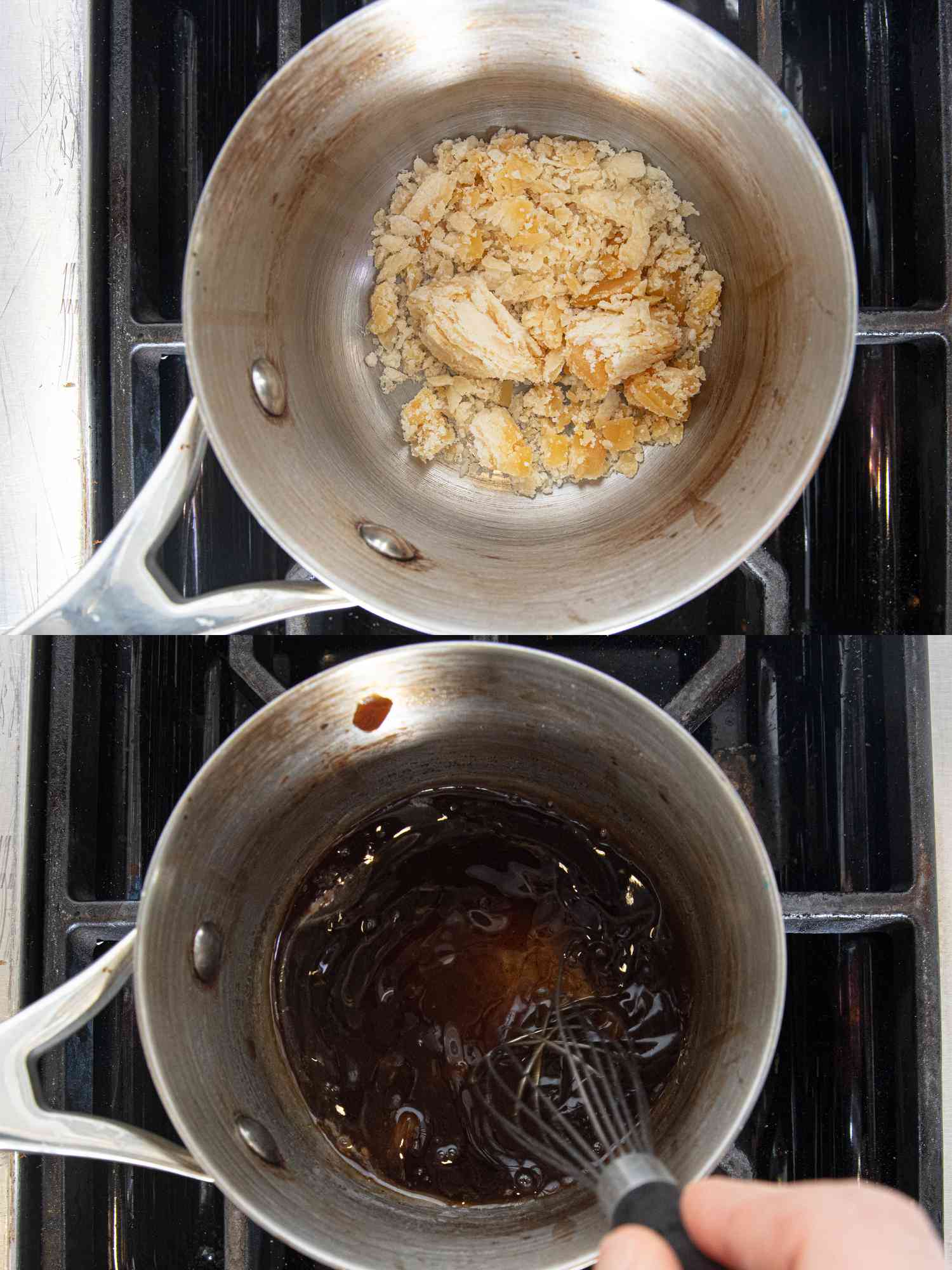 Two image collage of melting palm sugar and tamarind