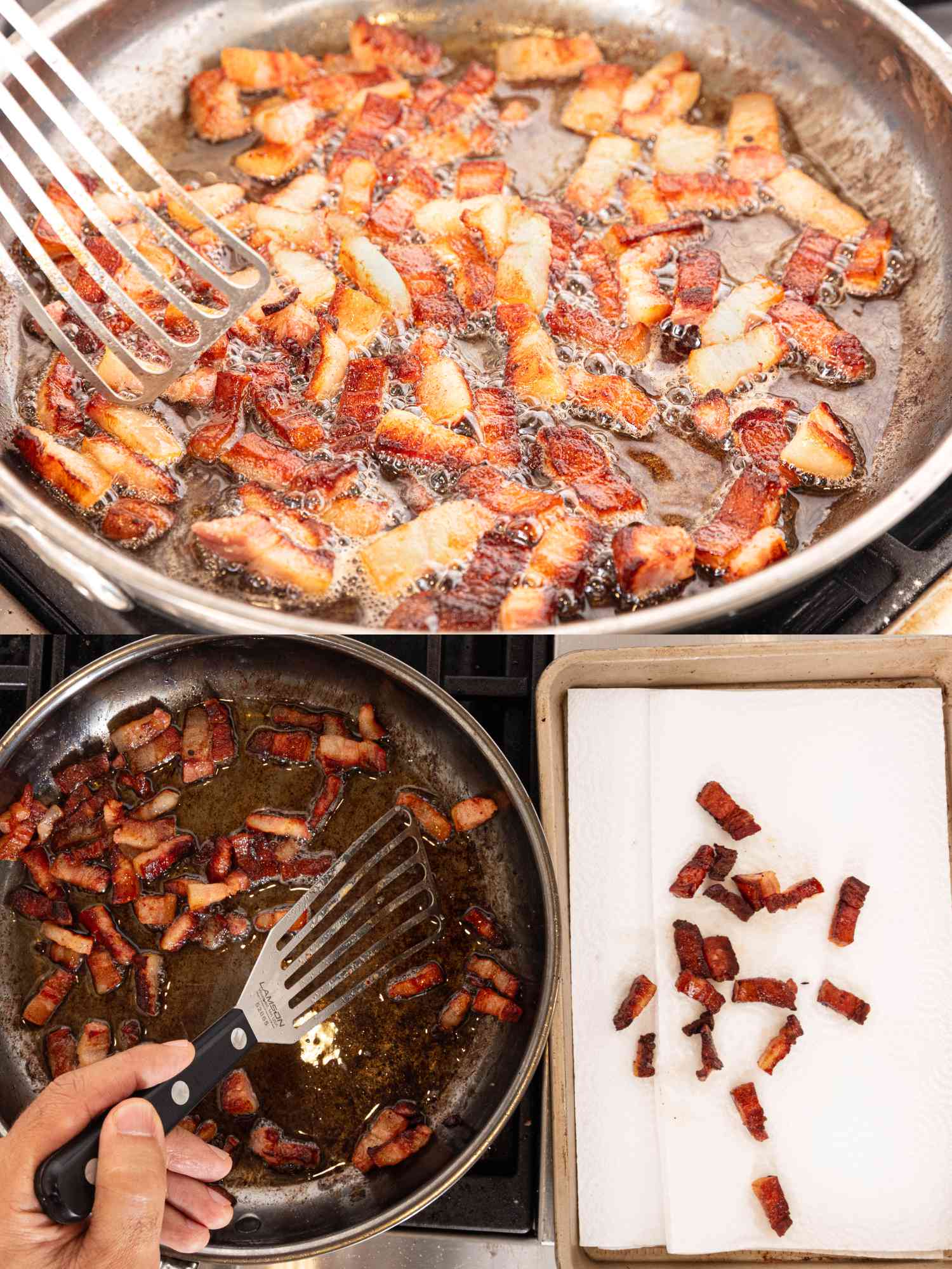 2 image collage: Top: Bacon sizzling and cooking in a skillet. Bottom: Bacon being transferred to a paper towel-lined pan from a skillet with a slotted spatula 