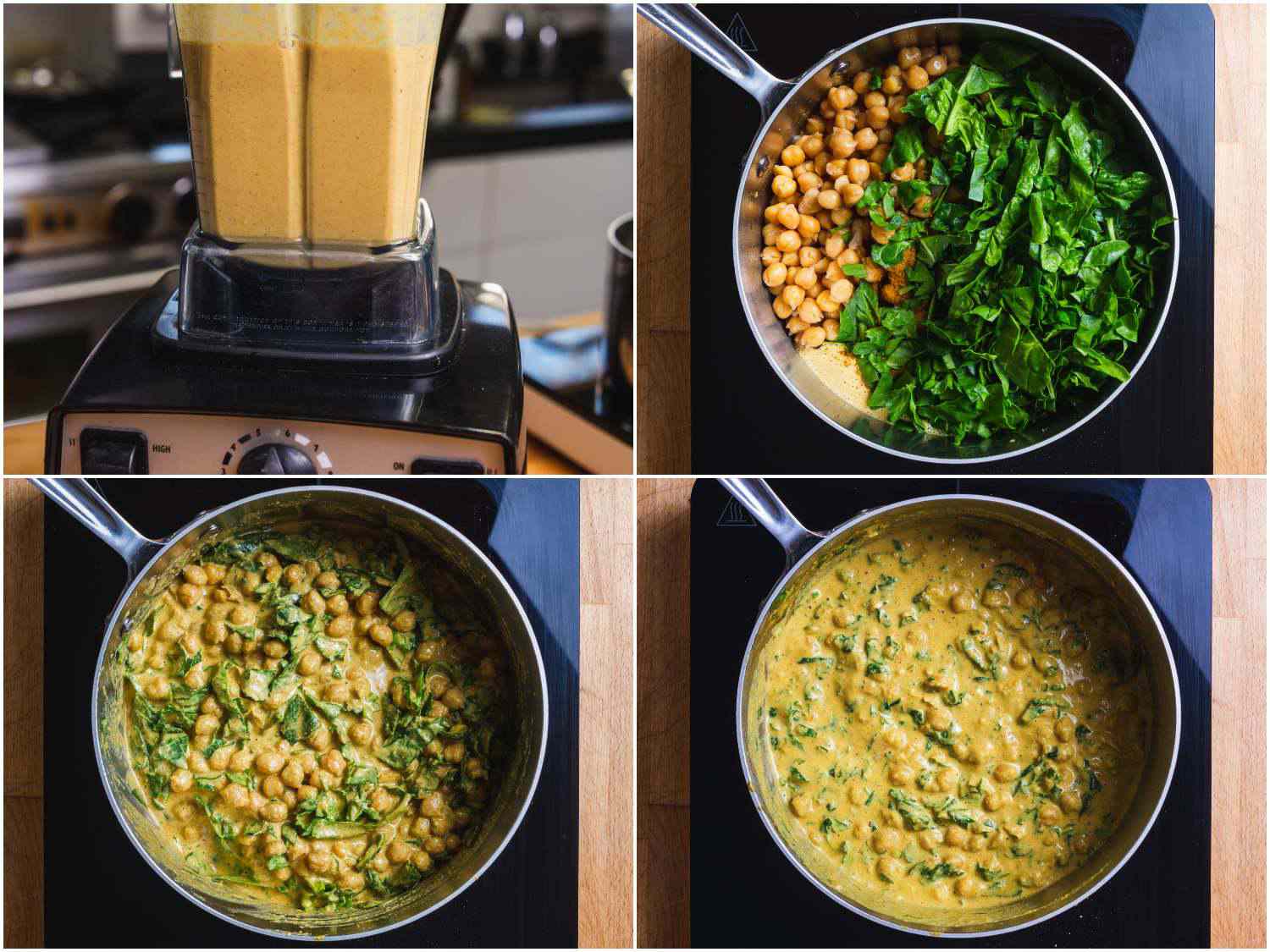 Collage of blending curry, combining puree in a pot with chickpeas and spinach, and the fully cooked dish