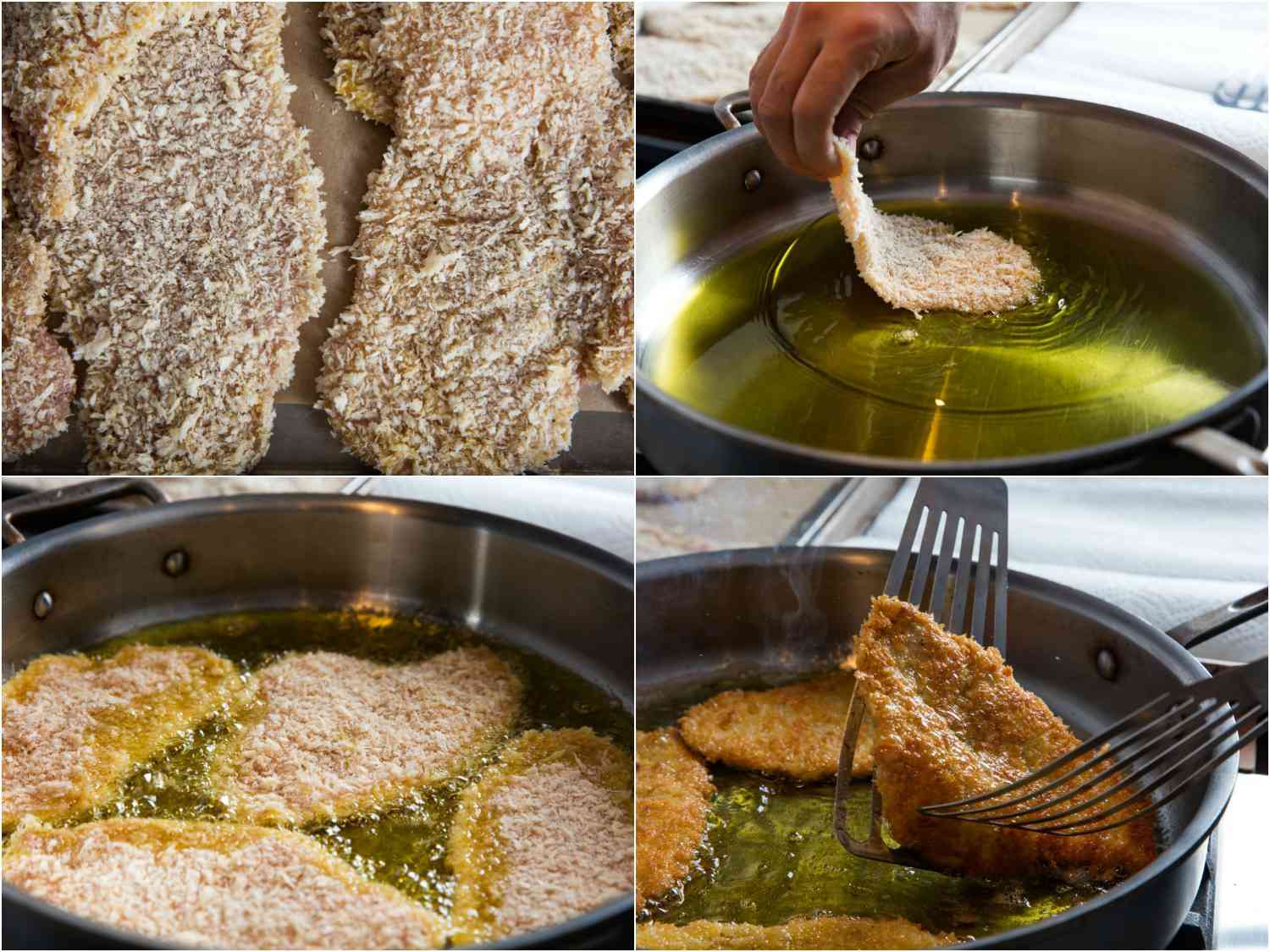 Collage of panko-breaded chicken cutlets being fried in a pan.