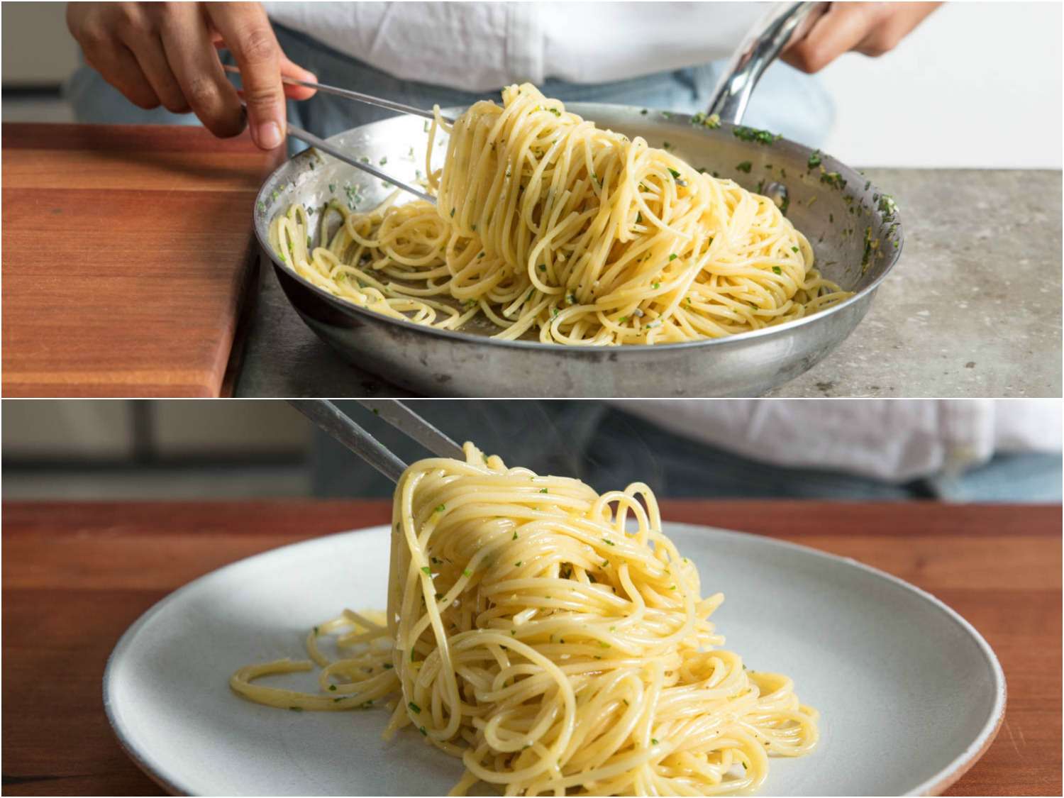 collage of tweezers plating pasta