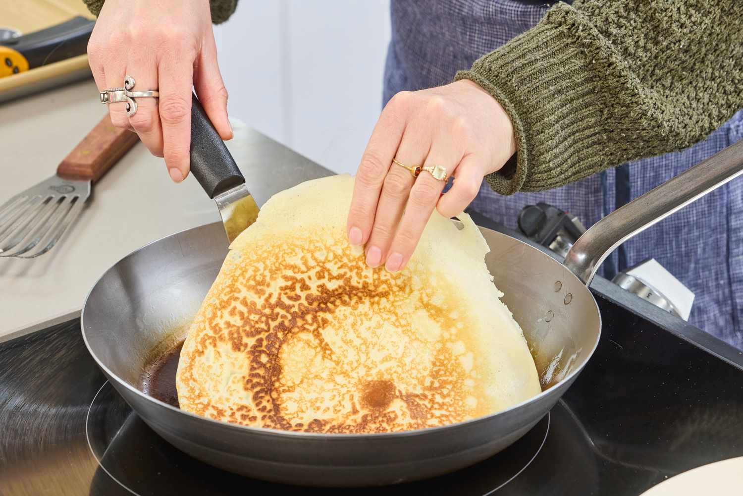 A crepe made in the Vollrath 12.5 Inch French Style Carbon Steel Fry Pan