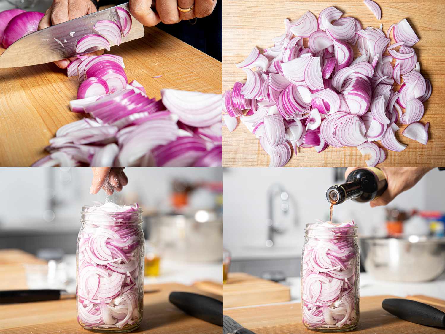 Four image collage of quick pickling onions