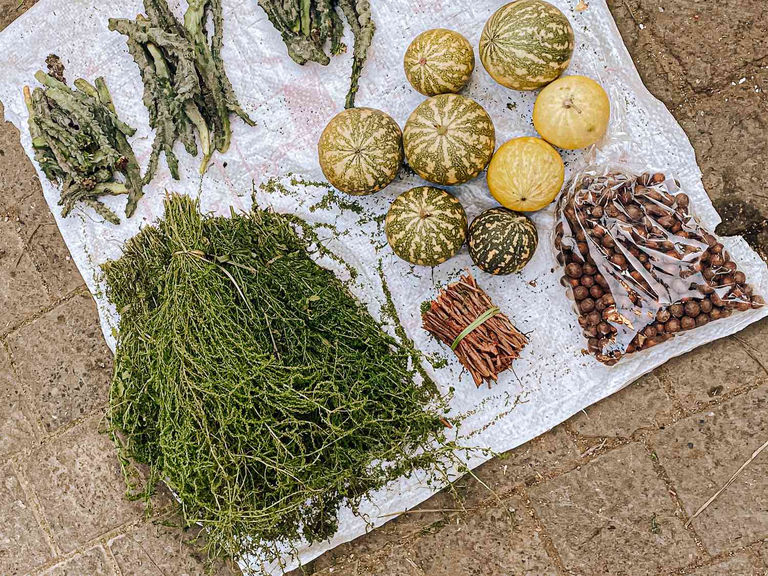 Overhead view of ingredients for sale at Jamaa el-Fna seen at sunset.