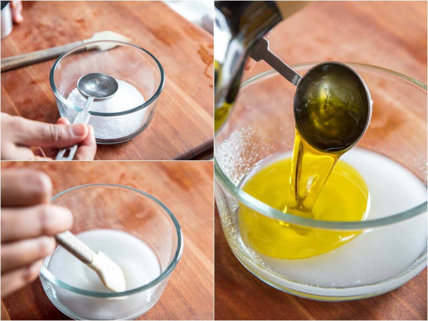 Collage of mixing solution of water, sugar, and olive oil.