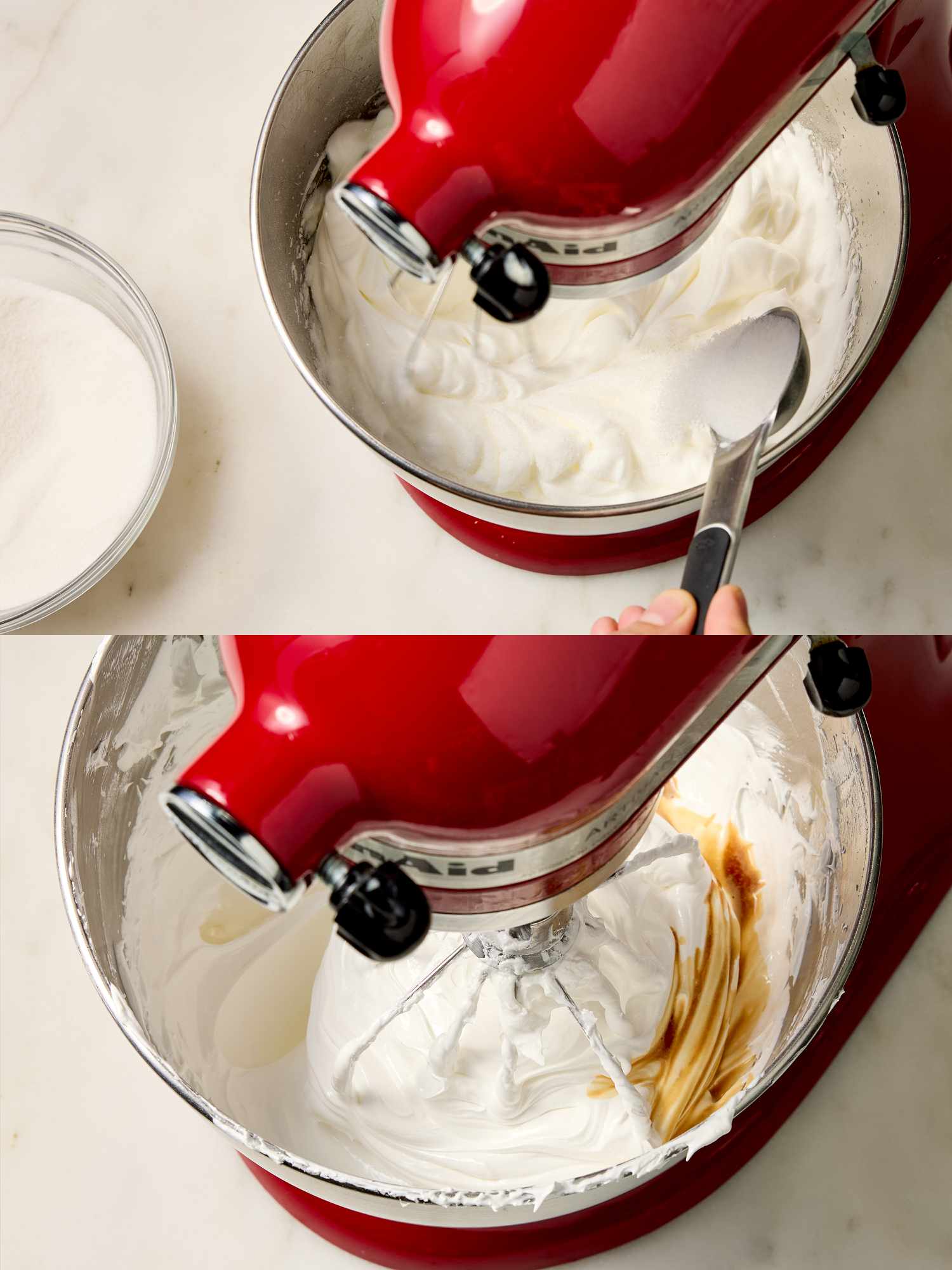 2 image collage. Top: adding sugar to mixture in stand mixer. Bottom: adding vanilla to stand mixer 