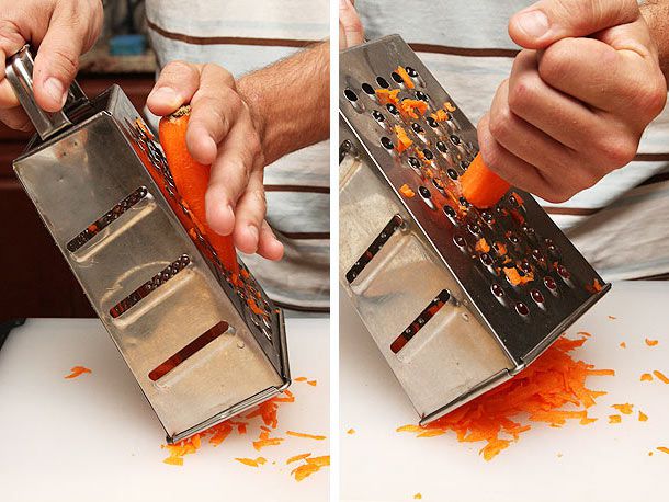 Two ways of grating carrots on large-holed side of box grater: one held at right angle and other on diagonal under 45 degrees from the vertical