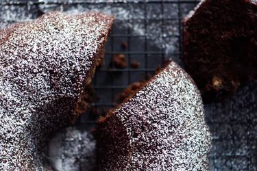 Overhead of chocolate banana bundt cake.