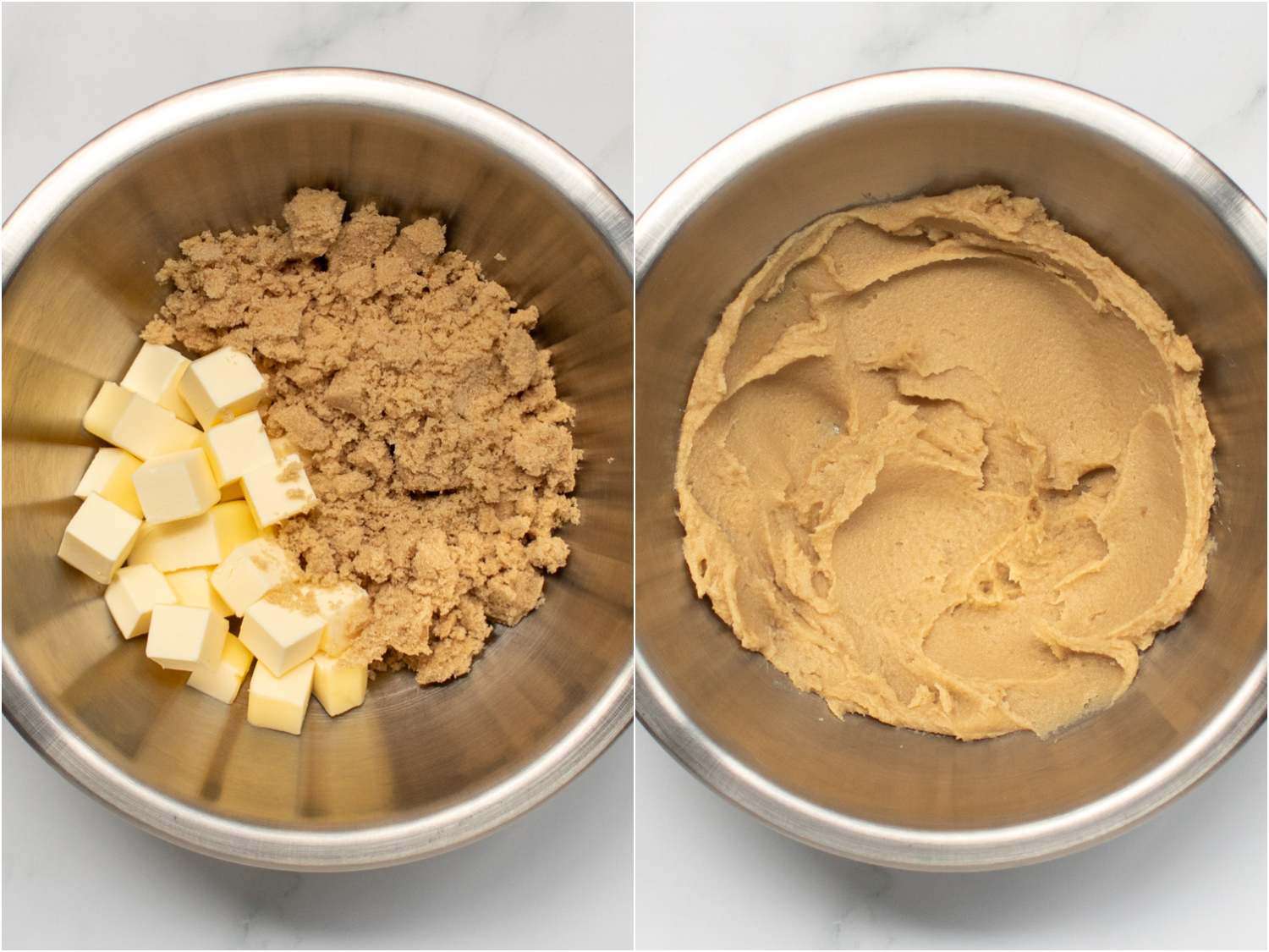 A two-image collage. In the left image brown sugar and butter sit next to each other in a metal bowl. In the right image, the butter and brown sugar have been smashed together to make a smooth and creamy mixture.