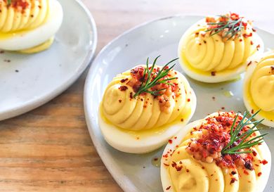Closeup of mustardy deviled eggs.