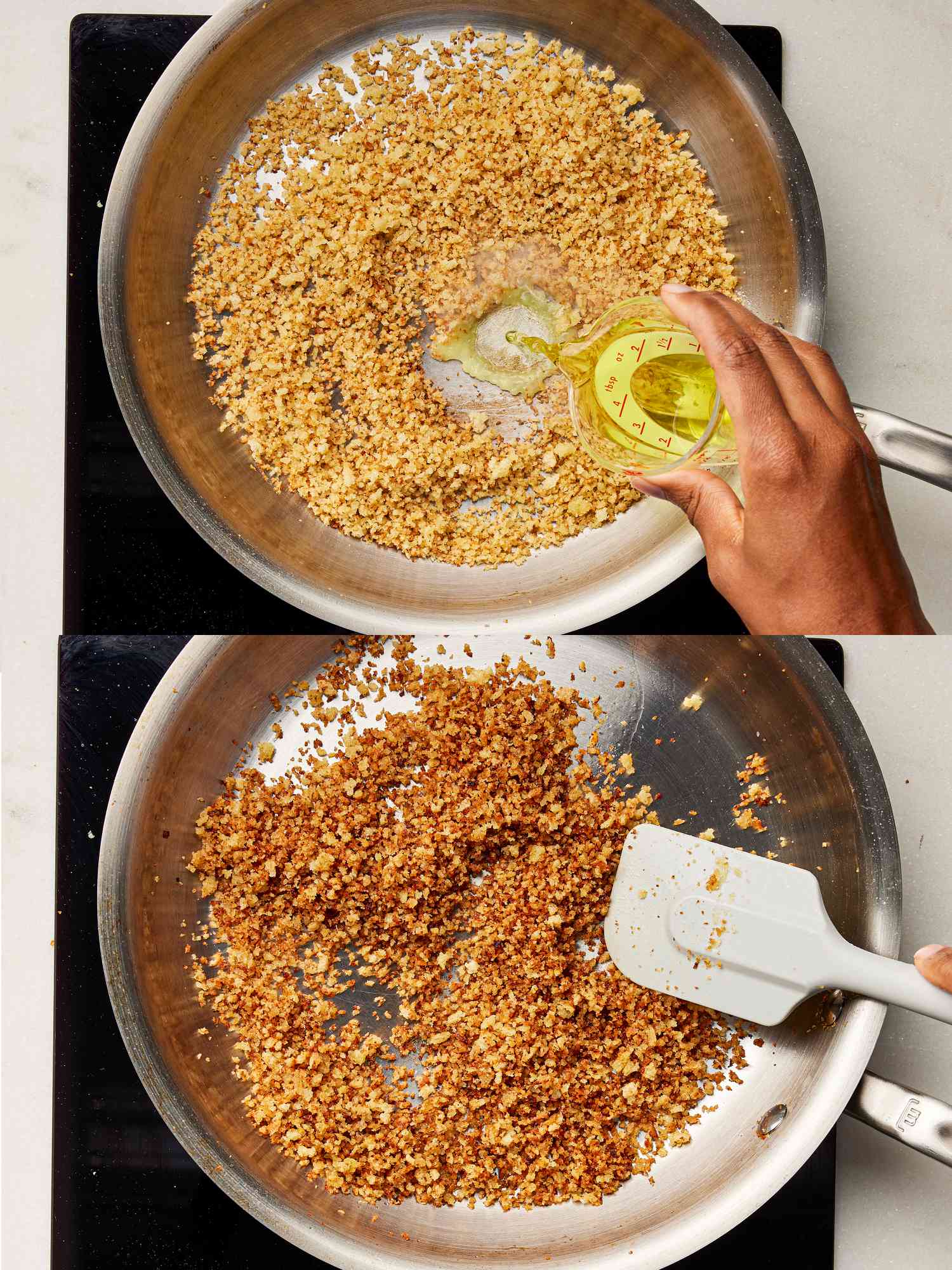 2 imae collage Top: Pickle juice being added to lightly golden panko in skillet. Bottom: Panko after cooking for 2 minutes in skillet, deep golden and crispy 