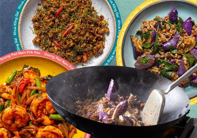 Collage of three Thai stir-fry dishes and eggplant being tossed in a wok