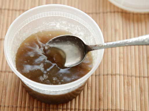 Overhead shot of thin chilled broth 