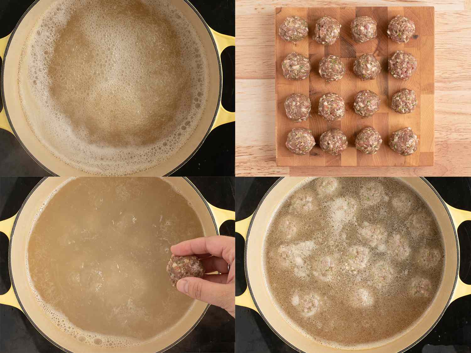 A four-image collage. The top left image shows chicken stock coming to a boil inside of a large Dutch oven. The top right image shows the meatballs formed and lined up in rows on a wooden cutting board. The bottom left image shows a single meatball about to be added to the boiling stock. The bottom right image shows all of the meatballs added to the broth in the Dutch oven and cooking.