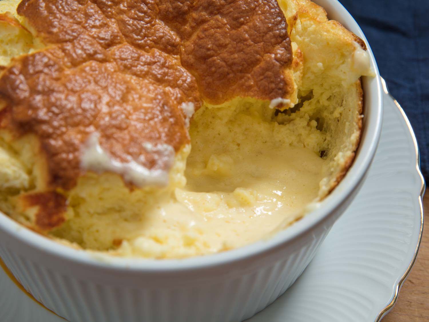 A look inside a soufflé that was baked at a higher temperature and left slightly runny in the center.