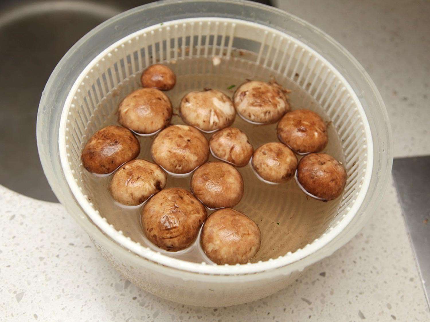 Mushrooms in water in the bowl of a salad spinner.