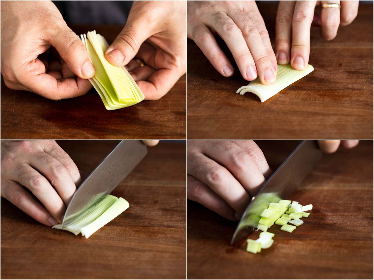 Collage of four photos of leeks being sliced and diced: separating leek layers, stacking them on top of each other, slicing into strips, then cross-cutting into dice