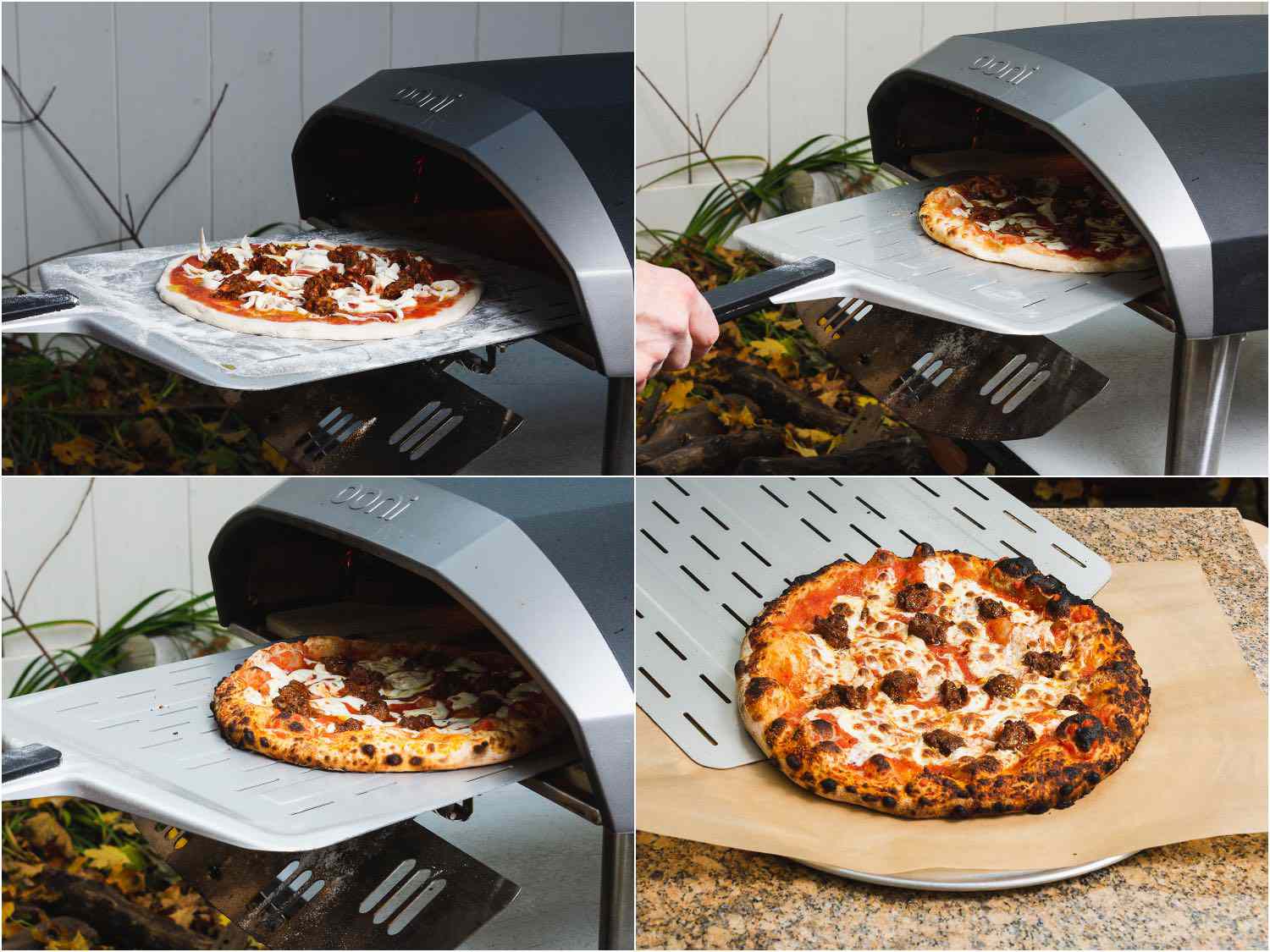 Collage showing Armenian pizza being put in outdoor pizza oven, rotated to ensure even cooking, and the pizza coming out of the oven