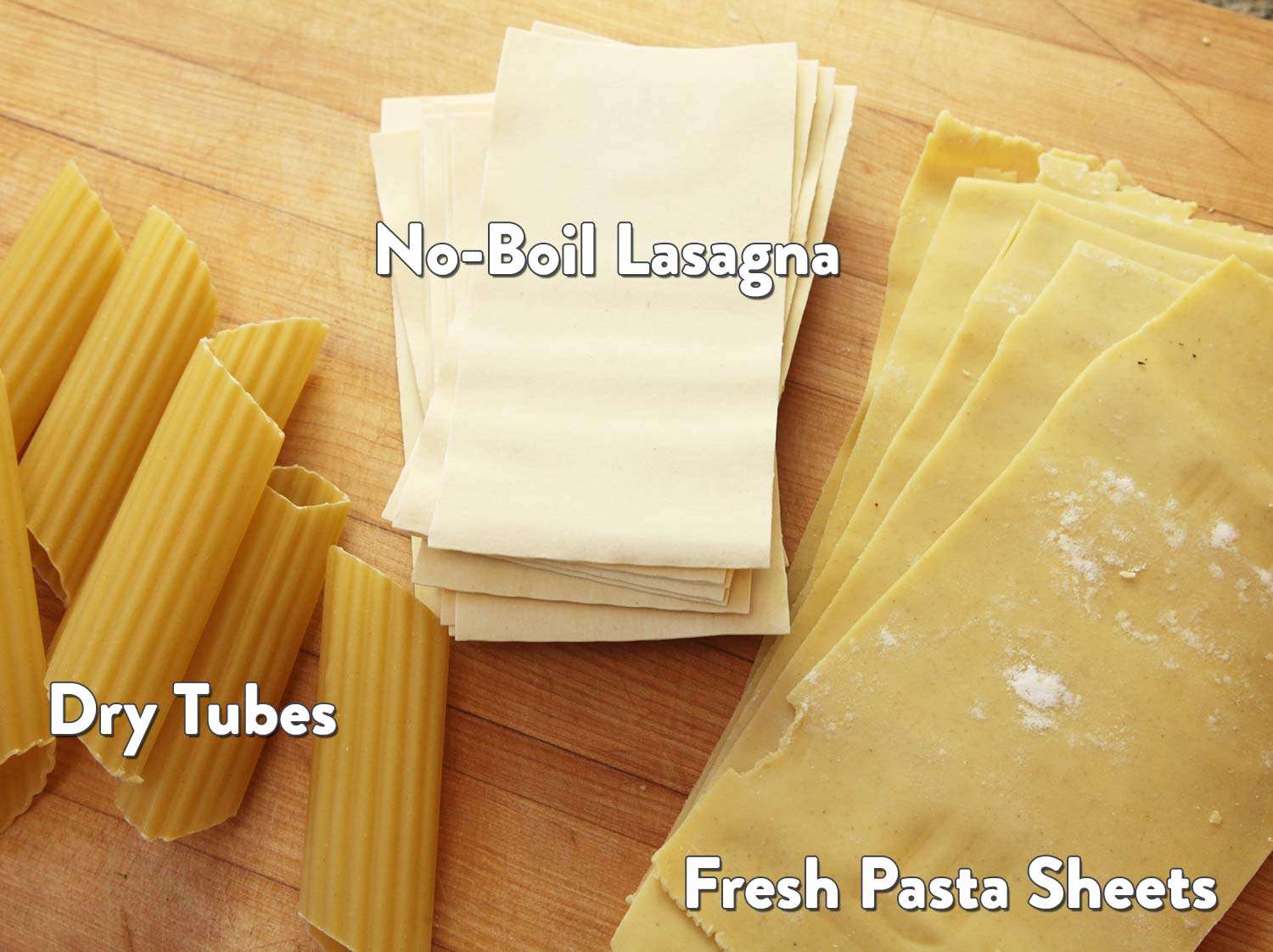 Three different types of pasta: dry manicotti tubes, no boil lasagna, and fresh lasagna sheets.