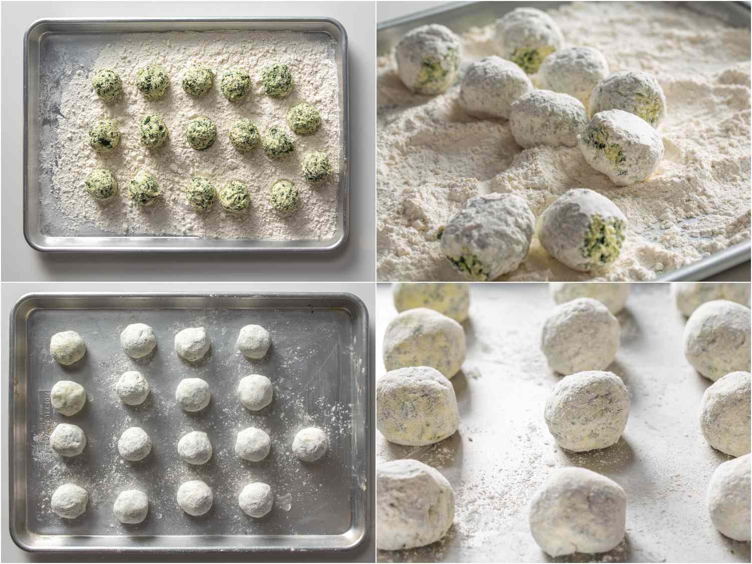 collage: dusting gnudi with flour so they are completely coated