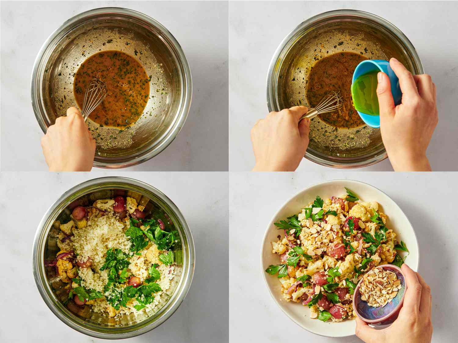 Stepbystep preparation of a roasted grape and cauliflower dish showing whisking dressing mixing ingredients and serving the final dish