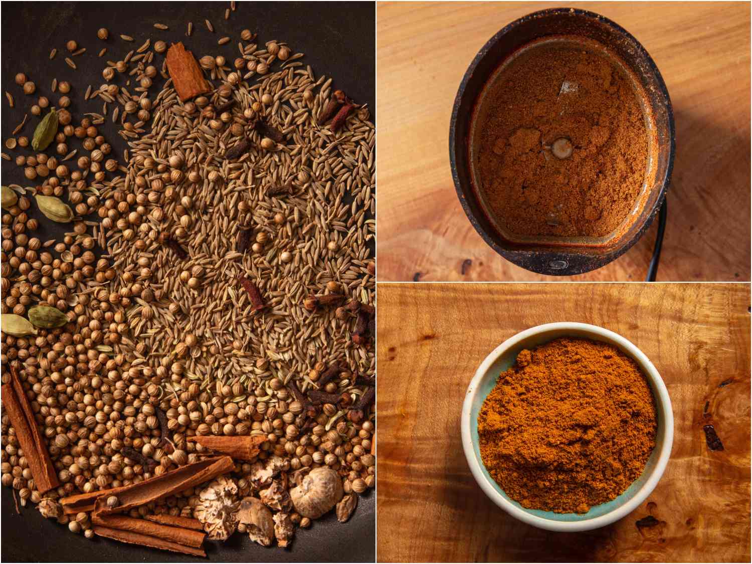 collage: toasting spices; grinding into a fine powder; curry powder in small dish