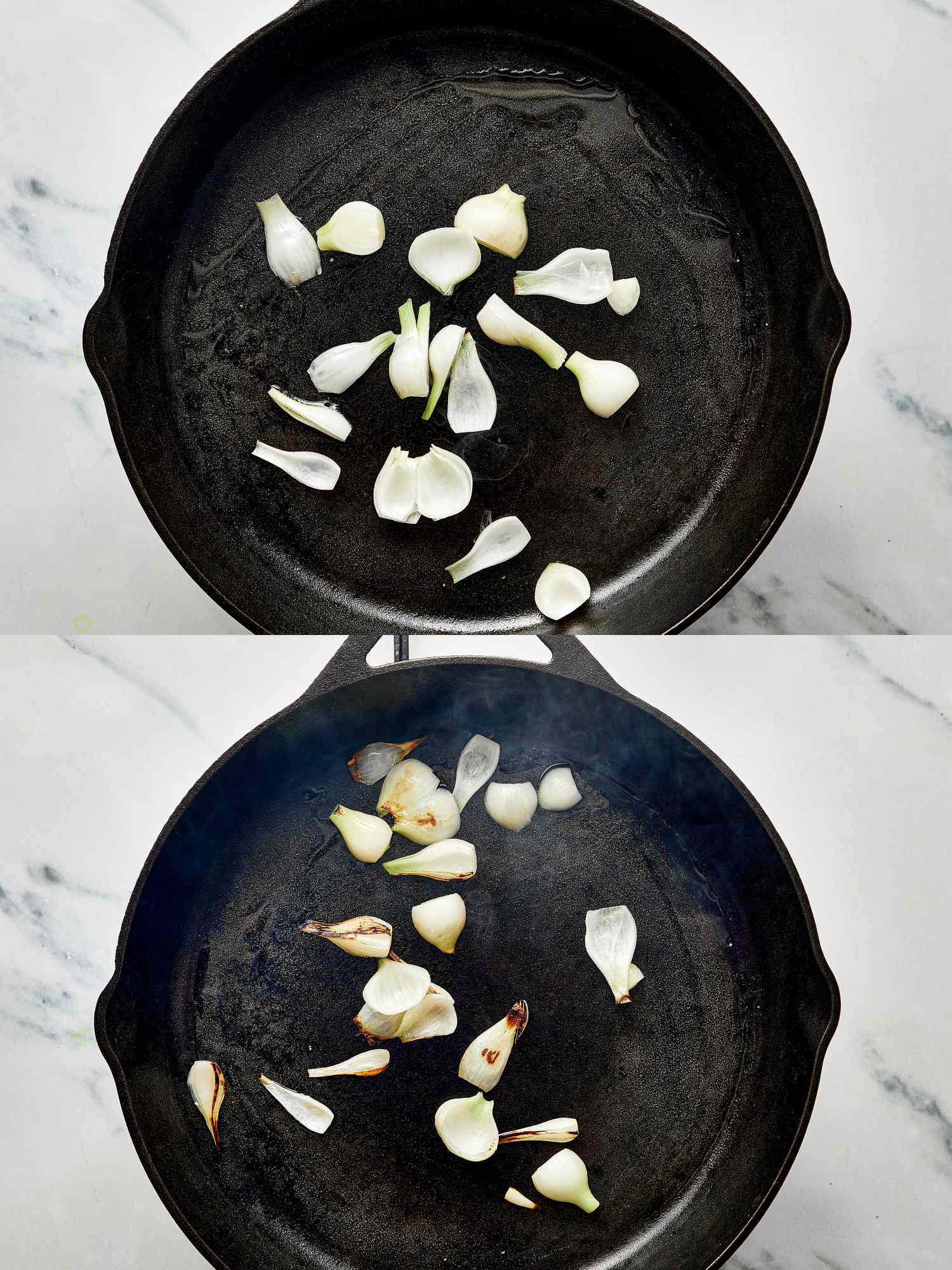 Process of cooking garlic pieces in a black skillet showing raw and roasted states