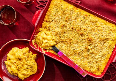 Overhead view of butternut squash mac and cheese