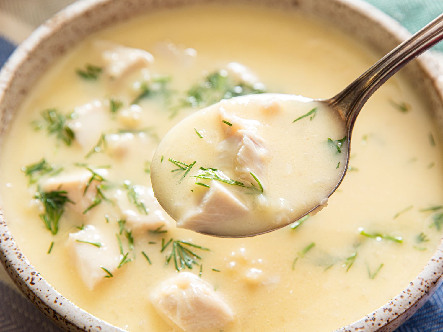 A bowl of soup with chunks of chicken herbs and a spoon