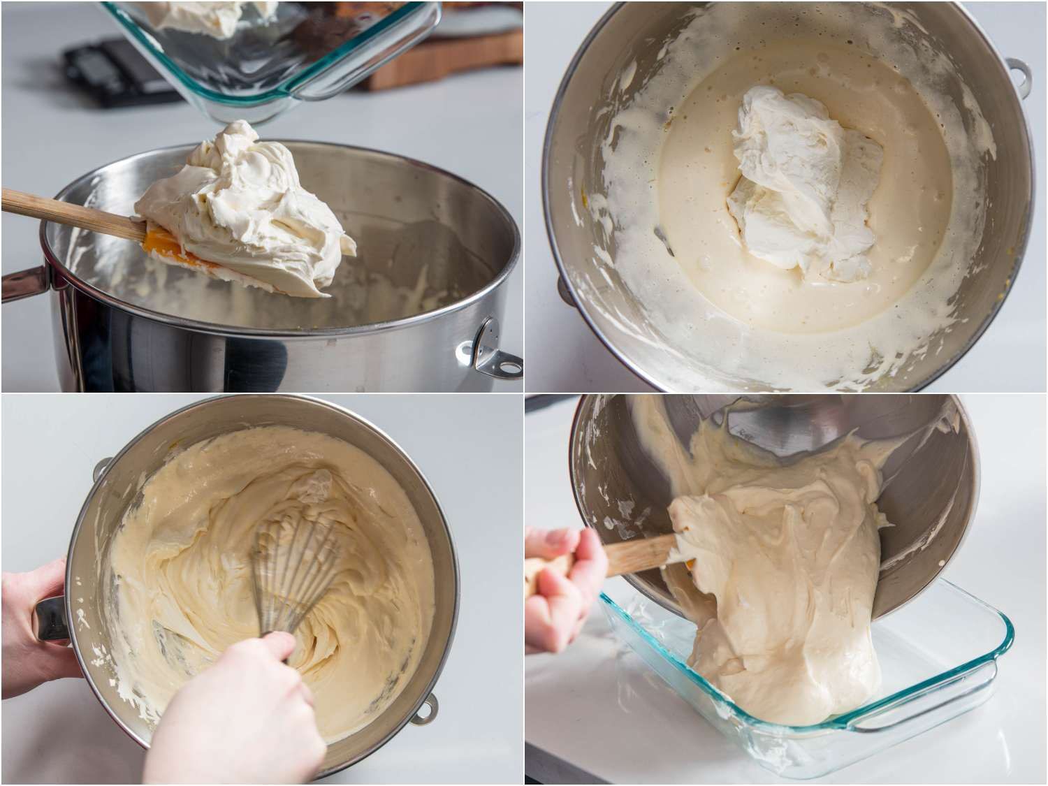A collage: folding whipped mascarpone and cream into the egg base and transferring the mixture to a baking dish to chill. 
