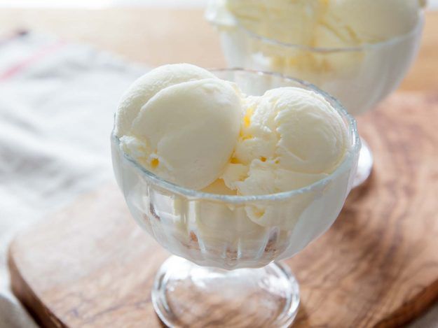 A small glass dish of homemade fior di latte ice cream.