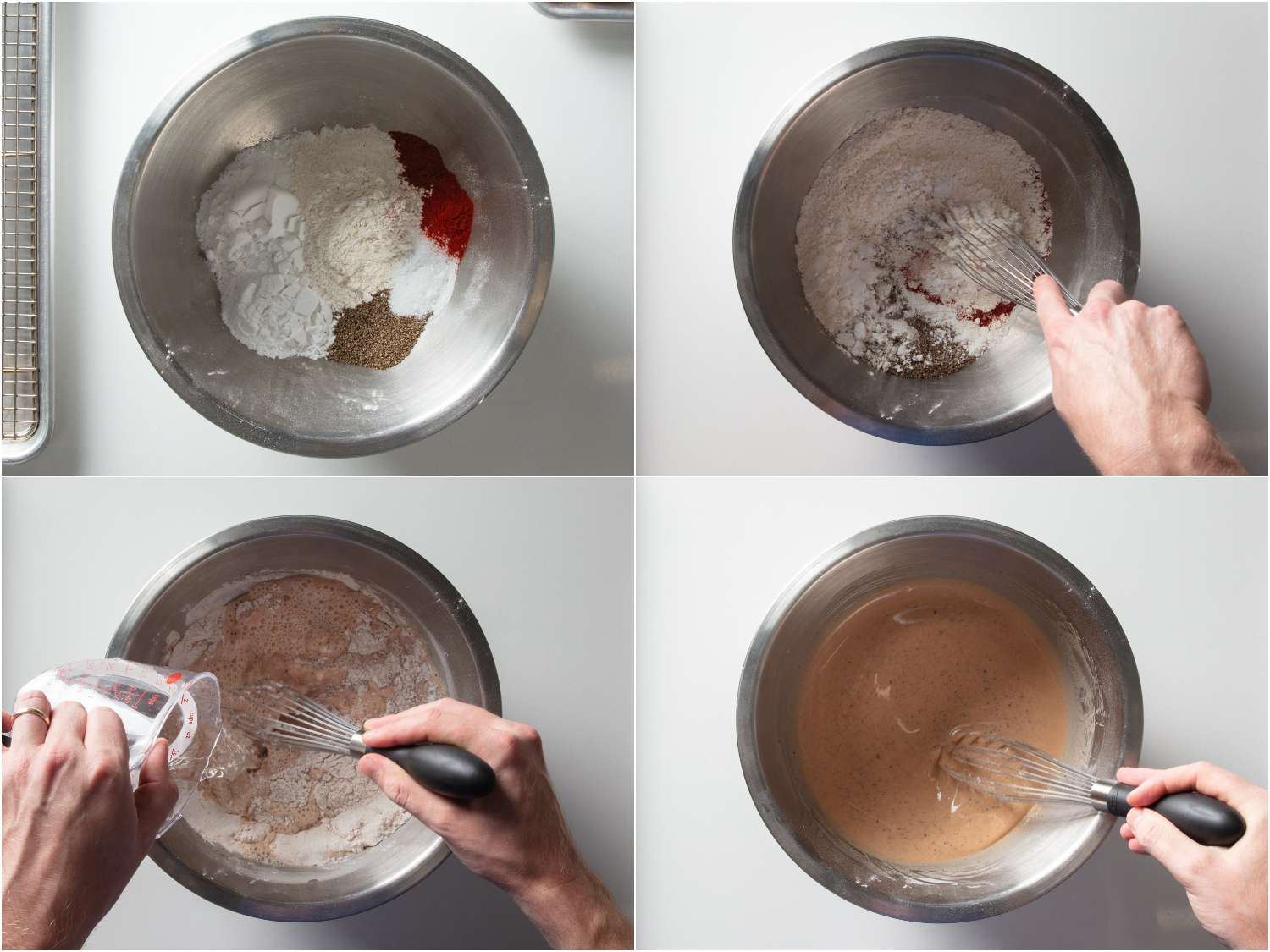 Collage of making batter with seasoning and potato starch